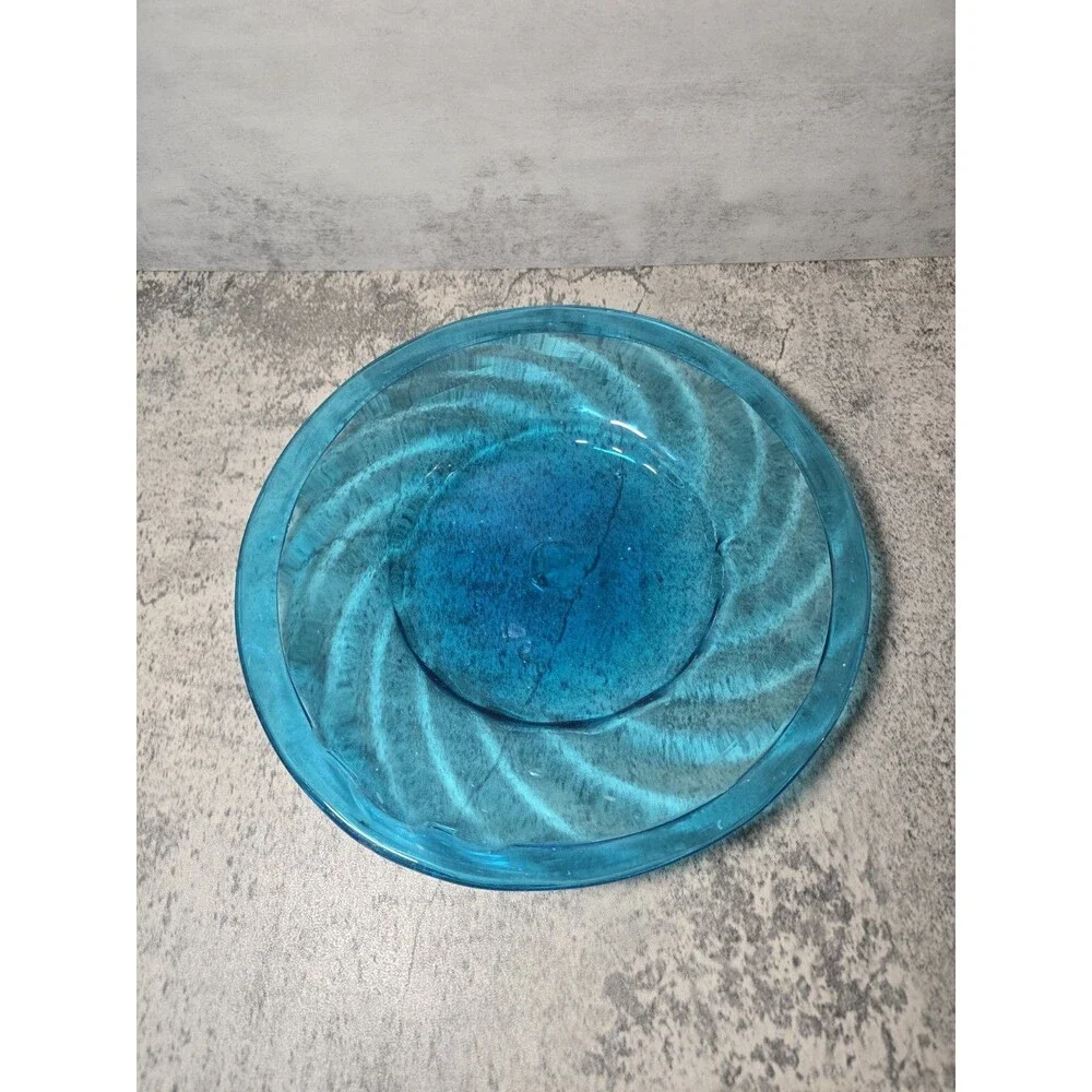 RARE 10” Blown Aqua Blue Glass Shallow Bowl With  Optic Swirl/Folded Rim Vintage
